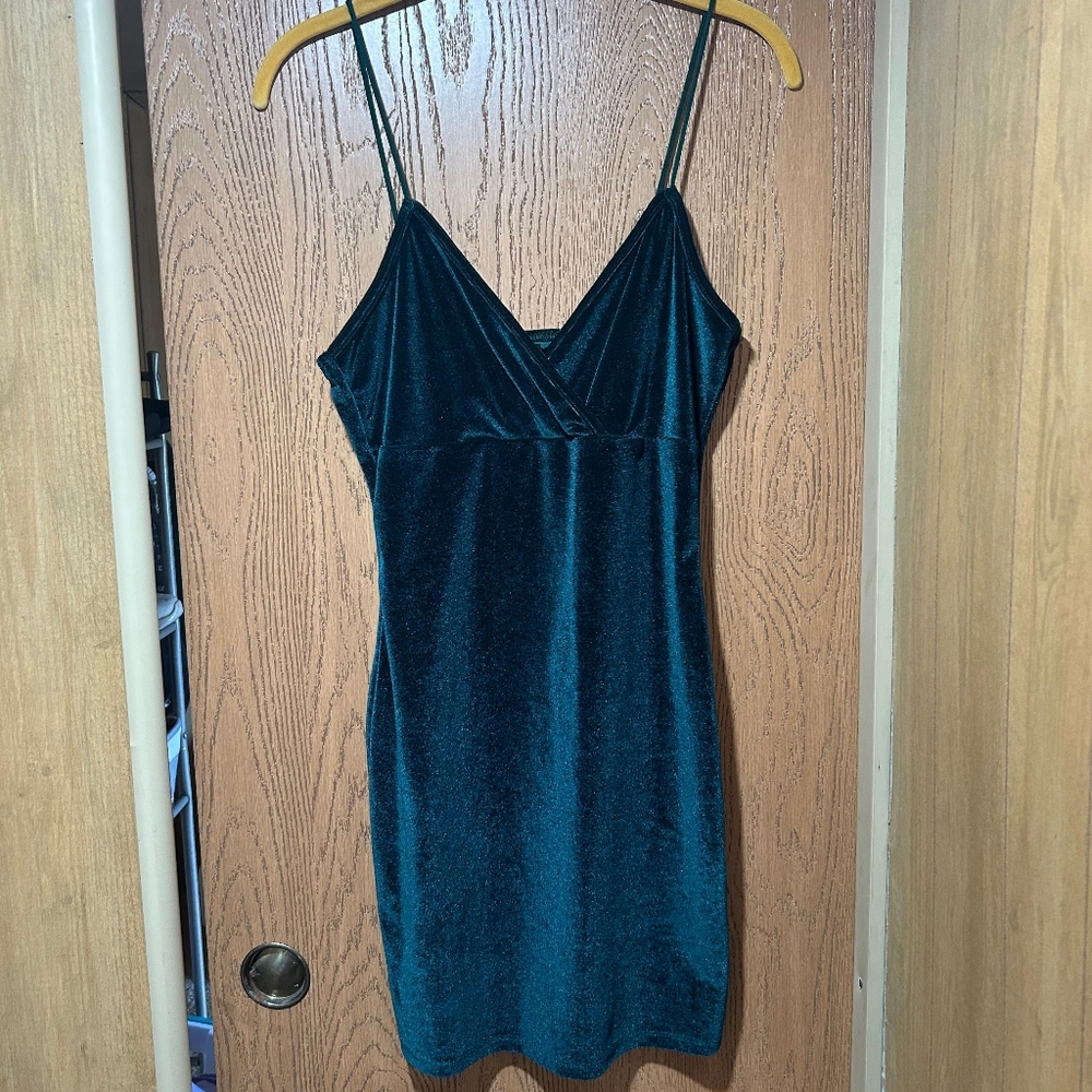 Teal Velvet Spaghetti Strap Dress